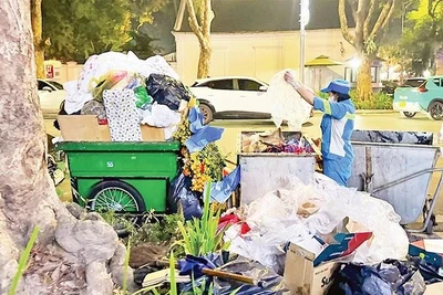 Công nhân Công ty Môi trường đô thị Hà Nội thu gom rác thải trên phố. (Ảnh: nhandan.vn)