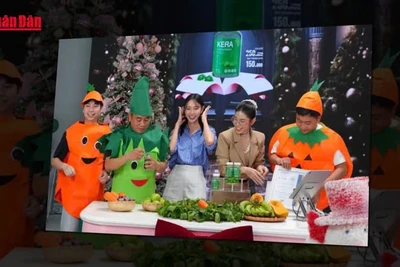 Hoa hậu Thùy Tiên, Hằng Du Mục và Quang Linh Vlogs bán hàng livestream quảng cáo sản phẩm giả. Ảnh: nhandan.vn