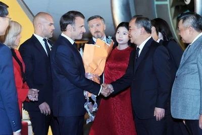 Chủ nhiệm Văn phòng Chủ tịch nước Lê Khánh Hải đón Tổng thống Cộng hòa Pháp Emmanuel Macron và Phu nhân tại Sân bay quốc tế Nội Bài. (Ảnh: TTXVN)