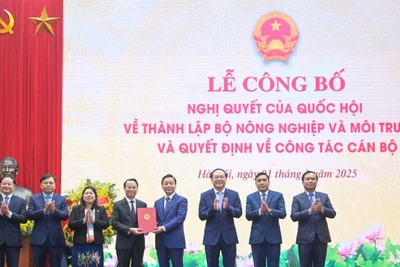 Phó Thủ tướng Trần Hồng Hà trao Nghị quyết của Quốc hội cho tập thể lãnh đạo Bộ Nông nghiệp và Môi trường. (Ảnh: TÙNG ĐINH)