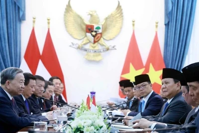 Tổng Bí thư Tô Lâm và Tổng thống Cộng hòa Indonesia, Chủ tịch Đảng Phong trào Indonesia vĩ đại (Gerindra) Prabowo Subianto hội đàm. (Ảnh: Thống Nhất/TTXVN)
