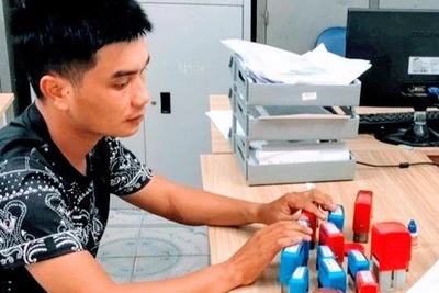 Đối tượng Phạm Đình Hậu cùng số con dấu giả bị thu giữ.