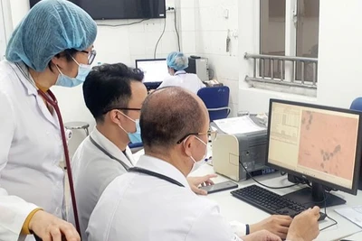 Phó Giáo sư, Tiến sĩ Đỗ Duy Cường và các bác sĩ Trung tâm Bệnh Nhiệt đới xem kết quả soi dịch não tủy có chứa vi khuẩn não mô cầu là song cầu Gram âm.