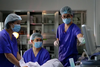 Bác sĩ chuyên khoa I Phạm Văn Hưởng thực hiện chuyển phôi cho bệnh nhân.