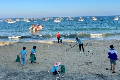 Tổ cộng đồng bảo vệ nguồn lợi thủy sản xã Nhơn Lý (thành phố Quy Nhơn) thường xuyên tổ chức thu gom rác thải trên biển.
