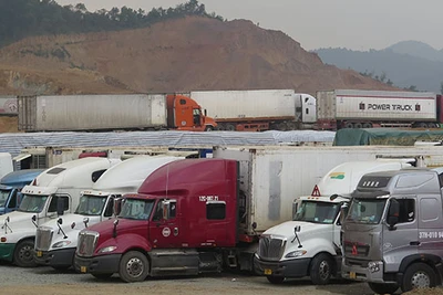 Xe chở nông sản chờ làm thủ tục thông quan tại bãi xe trung chuyển hàng hóa ở cửa khẩu Tân Thanh, Văn Lãng, Lạng Sơn. (Ảnh Hùng Tráng)