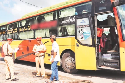 Lực lượng chức năng kiểm tra phương tiện vận tải khách dịp Tết Nguyên đán 2024.