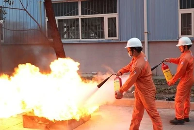 Cán bộ, công nhân viên và người lao động sử dụng bình chữa cháy di động dập tắt đám cháy giả định.