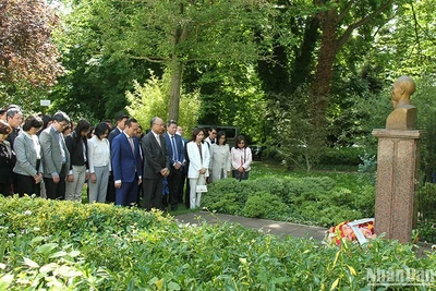 Dâng hoa trước tượng Chủ tịch Hồ Chí Minh trong công viên Montreau ở thành phố Montreuil và dành phút mặc niệm tưởng nhớ, bày tỏ lòng biết ơn vô hạn về công lao trời biển của Người. (Ảnh: Khải Hoàn)