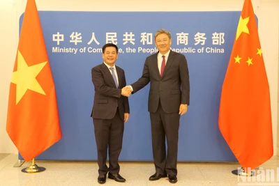 Bộ trưởng Công thương Nguyễn Hồng Diên bắt tay Bộ trưởng Thương mại Trung Quốc Vương Văn Đào.