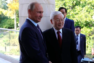 Tổng Bí thư Nguyễn Phú Trọng gặp và hội đàm với Tổng thống Liên bang Nga Vladimir Putin tại thành phố Sochi (Nga) năm 2018. (Ảnh: Đại sứ quán Việt Nam tại LB Nga)