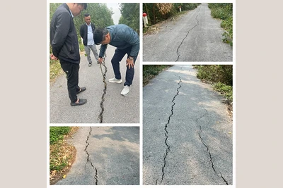 Cán bộ kỹ thuật kiểm tra đoạn đê bị nứt.