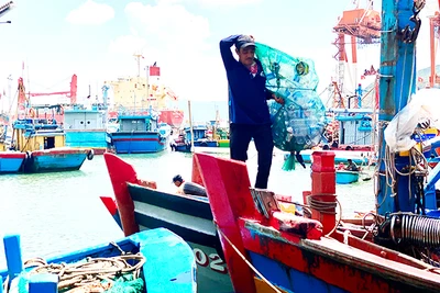 Ngư dân thu gom chai nhựa sau mỗi chuyến đánh bắt dài ngày trở về.