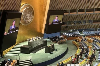 Phó Chủ tịch Đại hội đồng Liên hợp quốc, Đại sứ Đặng Hoàng Giang, Trưởng Phái đoàn đại diện thường trực Việt Nam tại LHQ, chủ trì phiên họp thảo luận và thông qua Nghị quyết. (Ảnh: Thanh Tuấn/TTXVN)