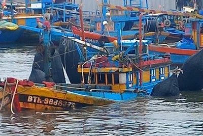 Tàu cá BTh 98866TS bị chìm được trục vớt và đưa về Cảng cá La Gi, Bình Thuận.