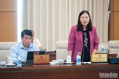 Chủ nhiệm Ủy ban Tư pháp của Quốc hội Lê Thị Nga phát biểu tại phiên họp sáng 12/7. (Ảnh: DUY LINH)