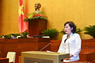 Thống đốc Ngân hàng Nhà nước Nguyễn Thị Hồng trình bày Tờ trình của Chính phủ về dự án Luật Các tổ chức tín dụng (sửa đổi) trong phiên họp sáng 5/6. (Ảnh: DUY LINH)