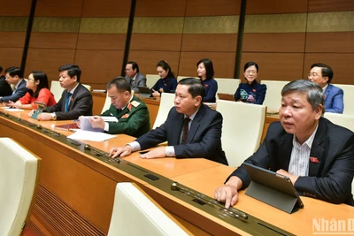 Các đại biểu Quốc hội biểu quyết thông qua dự thảo Luật Các tổ chức tín dụng (sửa đổi). (Ảnh: DUY LINH)