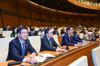 Quốc hội biểu quyết thông qua Nghị quyết về thí điểm đấu giá biển số xe ô-tô trong phiên họp chiều 15/11. (Ảnh: DUY LINH)