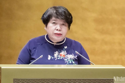 Chủ nhiệm Ủy ban Xã hội Nguyễn Thúy Anh trình bày Báo cáo giải trình, tiếp thu, chỉnh lý dự thảo Luật sửa đổi, bổ sung một số điều của Luật Dược. (Ảnh: DUY LINH)