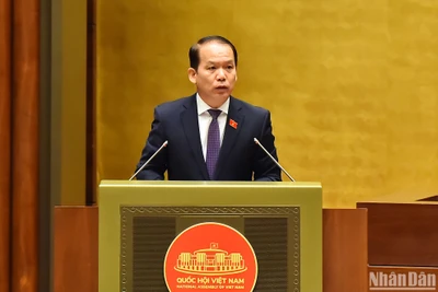 Chủ nhiệm Ủy ban Pháp luật Hoàng Thanh Tùng trình bày Báo cáo giải trình, tiếp thu, chỉnh lý dự thảo Luật Nhà ở (sửa đổi). (Ảnh: THỦY NGUYÊN)