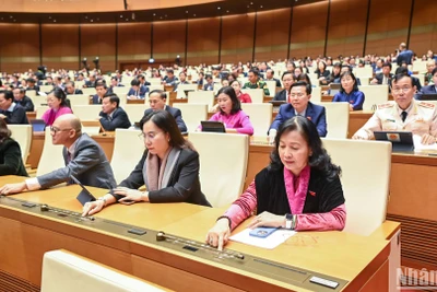 Đại biểu Quốc hội biểu quyết thông qua Nghị quyết về một số cơ chế, chính sách đặc biệt đầu tư xây dựng dự án điện hạt nhân Ninh Thuận. (Ảnh: DUY LINH)