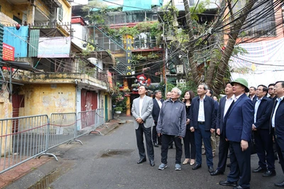 Đồng chí Đinh Tiến Dũng kiểm tra hiện trạng đơn nguyên 3, nhà C8 khu tập thể Giảng Võ, quận Ba Đình. 