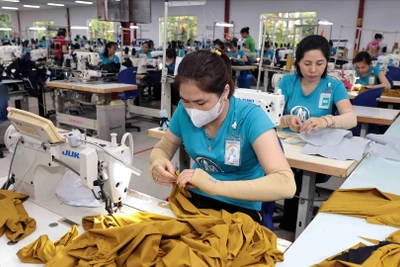 May hàng xuất khẩu tại Công ty TNHH Maxport Việt Nam. (Ảnh: TTXVN)