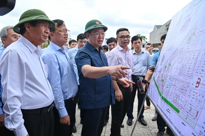 Chủ tịch Quốc hội Vương Đình Huệ và đoàn công tác xem bản đồ quy hoạch khu tái định cư sân bay Long Thành. (Ảnh: DUY LINH)