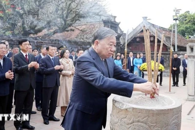 Tổng Bí thư Tô Lâm và đoàn công tác Trung ương dâng hương tại Đền thờ Vua Đinh Tiên Hoàng. (Ảnh: TTXVN)