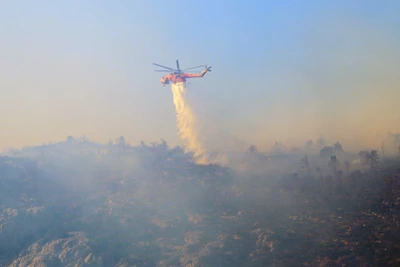 Trực thăng tham gia hoạt động chữa cháy rừng trên núi Parnitha, gần Athens, Hy Lạp. (Ảnh: Reuters) 