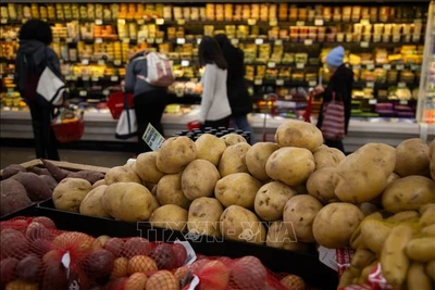 Hàng hóa được bày bán trong siêu thị ở New York, Mỹ ngày 28/3/2025. (Ảnh: THX/TTXVN)