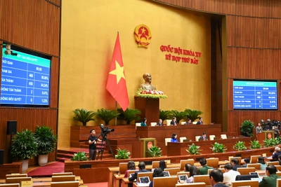 Quốc hội biểu quyết thông qua Luật Quản lý, sử dụng vũ khí, vật liệu nổ và công cụ hỗ trợ (sửa đổi) tại phiên họp sáng 29/6. (Ảnh: DUY LINH) 