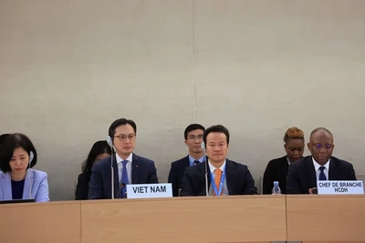 Đoàn đại biểu Việt Nam do Thứ trưởng Ngoại giao Đỗ Hùng Việt dẫn đầu tham gia Phiên đối thoại về Báo cáo quốc gia của Việt Nam theo Cơ chế rà soát định kỳ phổ quát (UPR) chu kỳ IV của Hội đồng Nhân quyền Liên hợp quốc. (Ảnh: TTXVN)