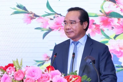 Bí thư Tỉnh ủy Long An Nguyễn Văn Được phát biểu chào mừng Đoàn đại biểu Vương quốc Campuchia đến chúc Tết tỉnh Long An nhân dịp Xuân Giáp Thìn 2024.