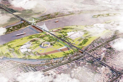 Phối cảnh cầu Tứ Liên bắc qua sông Hồng.