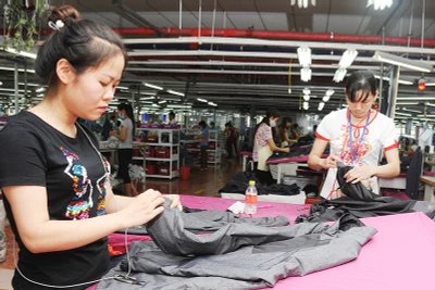 May áo xuất khẩu ở Công ty cổ phần Tổng công ty May Bắc Giang. (Ảnh TRẦN QUỐC)