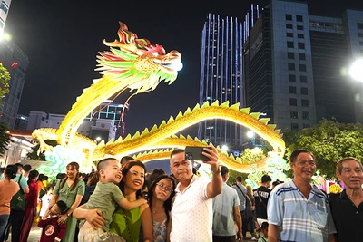 Người dân thích thú chụp ảnh tại Đường hoa Nguyễn Huệ. (Ảnh Thế Anh)