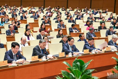 Chiều 30/11, với 443/454 đại biểu có mặt tán thành, Quốc hội đã thông qua nghị quyết chủ trương đầu tư dự án đường sắt tốc độ cao trên trục bắc-nam. (ẢNH: DUY LINH)