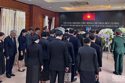 Các đoàn thành kính dâng hương, hoa tưởng niệm nguyên Chủ tịch nước Trần Đức Lương. (Ảnh: Cộng tác viên)