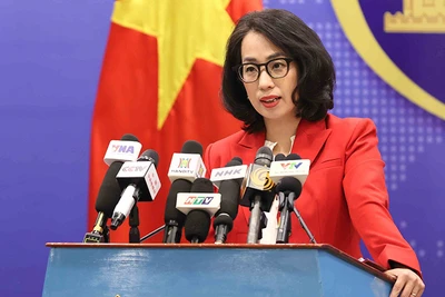 Người phát ngôn Bộ Ngoại giao Phạm Thu Hằng chủ trì họp báo. (Ảnh: TTXVN)