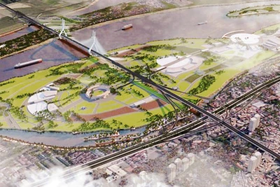 Phối cảnh cầu Tứ Liên bắc qua sông Hồng.