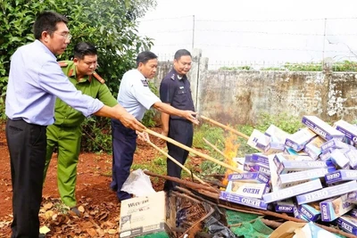 Lực lượng chức năng tỉnh Bình Phước thực hiện tiêu hủy thuốc lá nhập lậu thu giữ trên địa bàn. (Ảnh: LƯU QUYÊN)