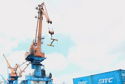 Bốc xếp container hàng hóa tại cảng Đình Vũ, thành phố Hải Phòng. (Ảnh TRẤN QUỐC)