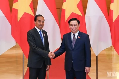 Chủ tịch Quốc hội Vương Đình Huệ và Tổng thống Indonesia Joko Widodo. (Ảnh: DUY LINH)