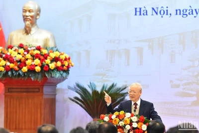 Tổng Bí thư Nguyễn Phú Trọng phát biểu chỉ đạo tại phiên khai mạc Hội nghị Ngoại giao lần thứ 32. (Ảnh: THỦY NGUYÊN)