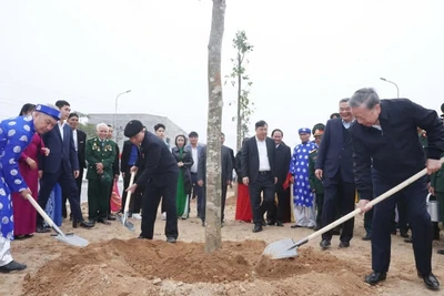 Tổng Bí thư Tô Lâm cùng các đại biểu trồng cây tại thị xã Mỹ Hào. (Ảnh: Thống Nhất/TTXVN)
