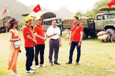 Cựu chiến binh Phạm Công Chất (thứ hai từ phải sang) hướng dẫn nhân viên kỹ thuật tại Khu du lịch sinh thái Thung Nham. (Ảnh TRẦN LAN)