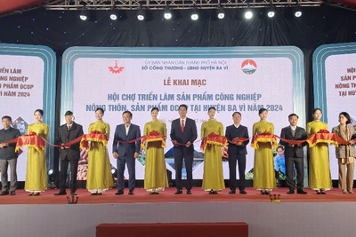 Các đại biểu thực hiện nghi thức khai mạc Hội chợ.