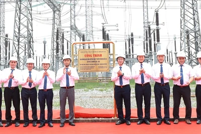 Lãnh đạo Đảng ủy EVNNPT cùng các đơn vị liên quan thực hiện nghi thức gắn biển công trình. (Ảnh: LÊ CHI)